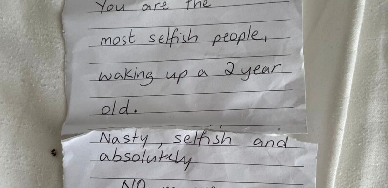 Livid parents’ savage note slams ‘sl*gs’ in Ibiza who woke up their baby